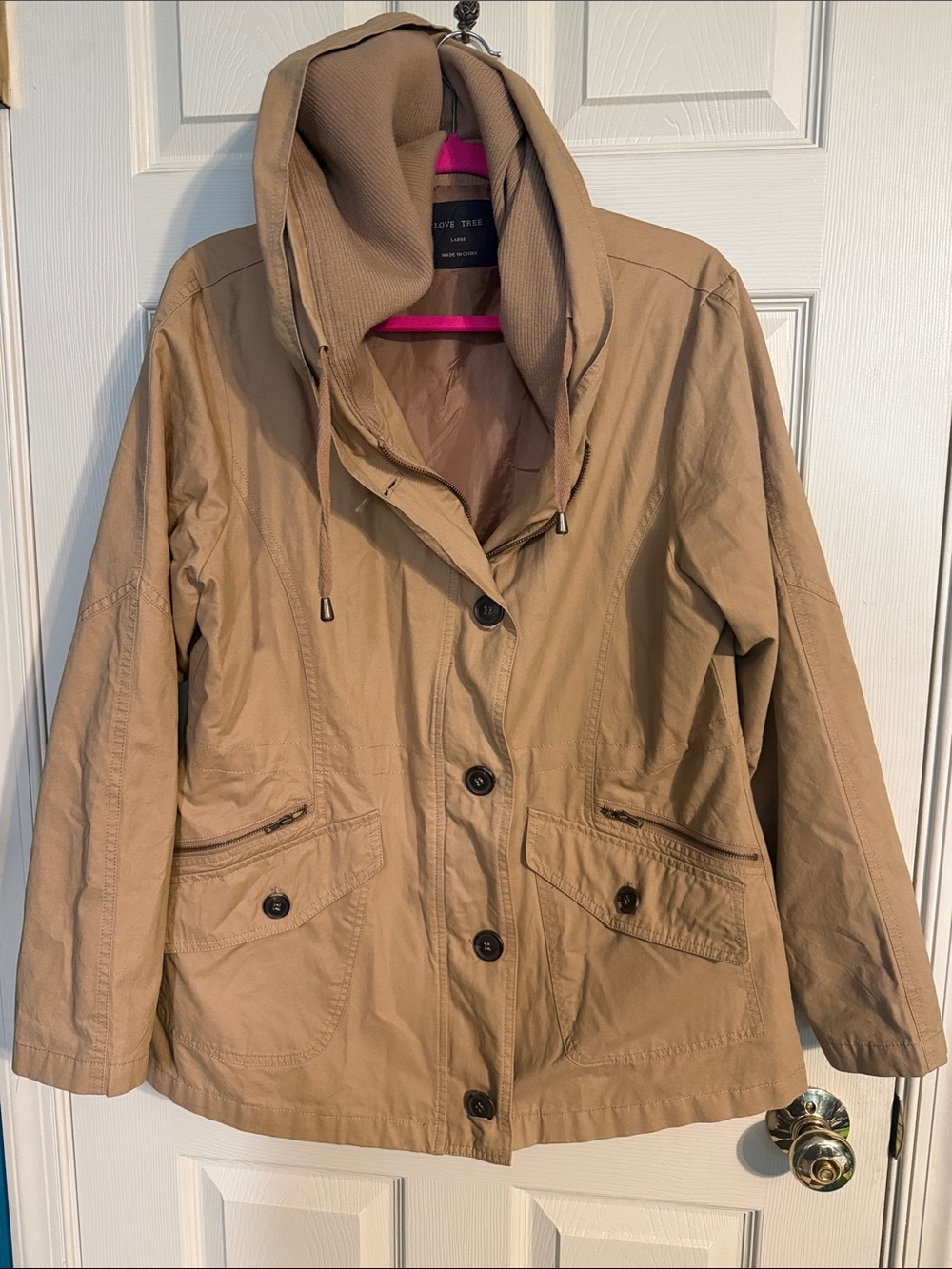 Love Tree Beige Hooded Utility Jacket with Button Front